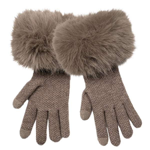 C.C Long Faux Fur Cuff Knitted Winter Gloves: Dark Beige