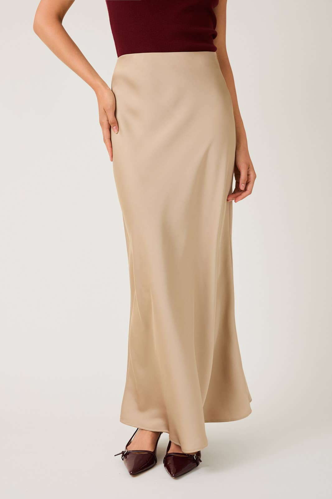 Bias Satin Midi Skirt: Tan