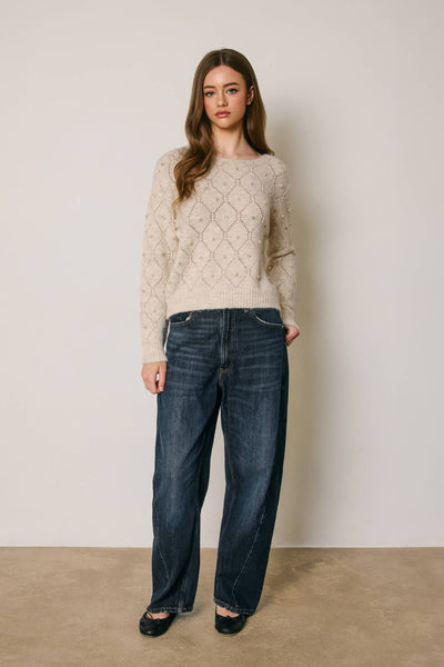 Pearl Embellished Diamond Pointelle Sweater: Ivory