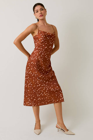 Cowl Neck Slip Midi Dress: Brown & White Animal Print