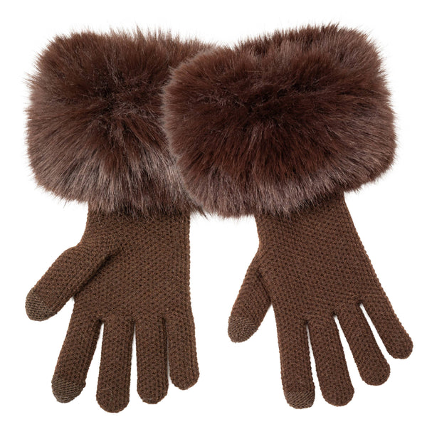 C.C Long Faux Fur Cuff Knitted Winter Gloves: Dark Beige
