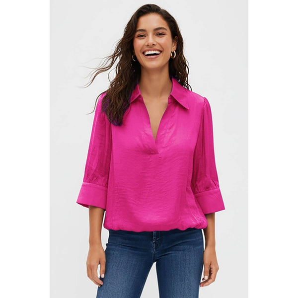 Half Sleeve Hi-lo Bubble Hem Blouse: Navy / S
