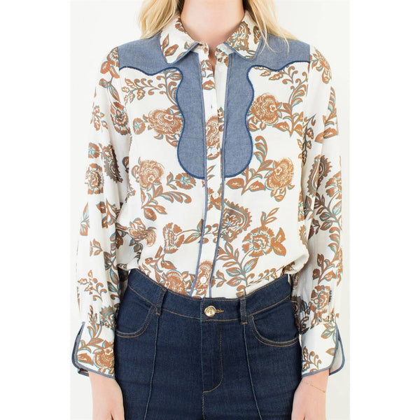 Long Sleeve Floral Detail Button Up Top: Cream