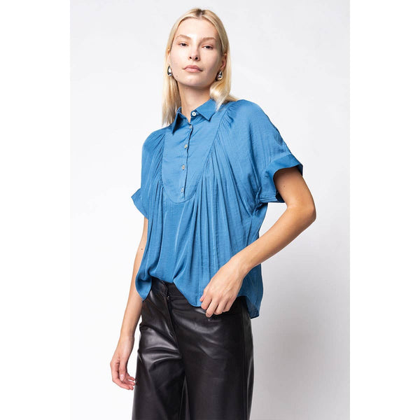 Short Sleeve Shirt With Front Bib Detail - Yale Blue