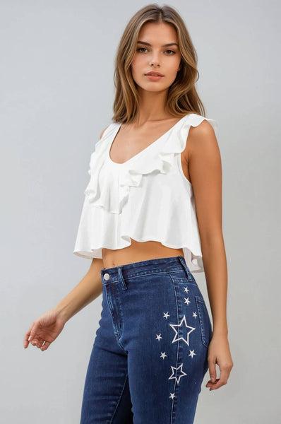 Ruffled Linen Cropped Blouse: Ivory