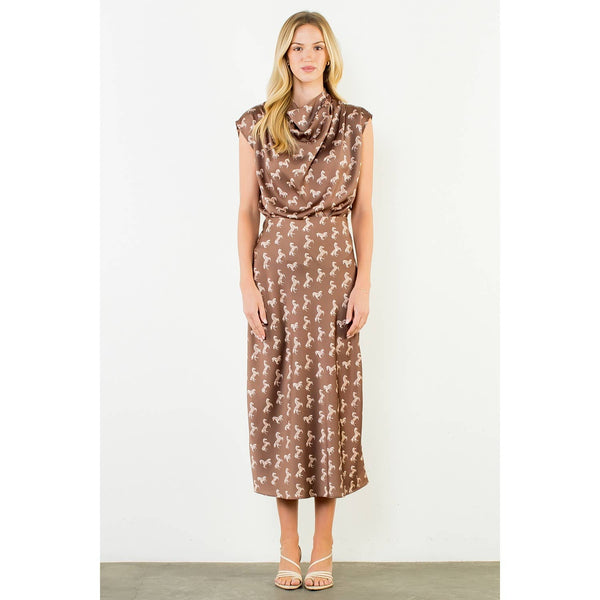 Satin Horse Print Skirt & Top Set: Brown