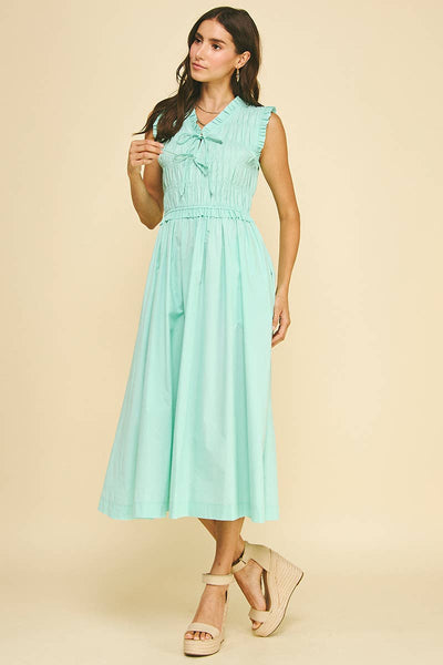 Front-Tie Smocking Midi Dress - Aqua