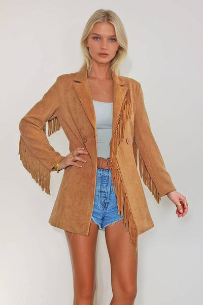 Faux Suede Fringed Blazer: Tan