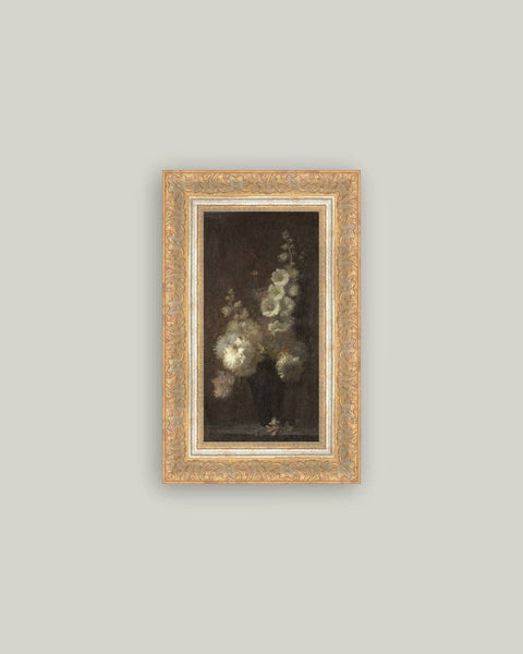 Hollyhock Bouquet Framed Antique Art: 7x9