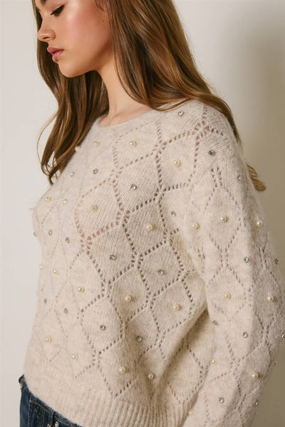 Pearl Embellished Diamond Pointelle Sweater: Ivory