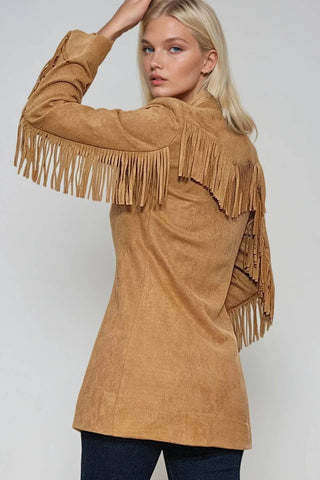 Faux Suede Fringed Blazer: Tan