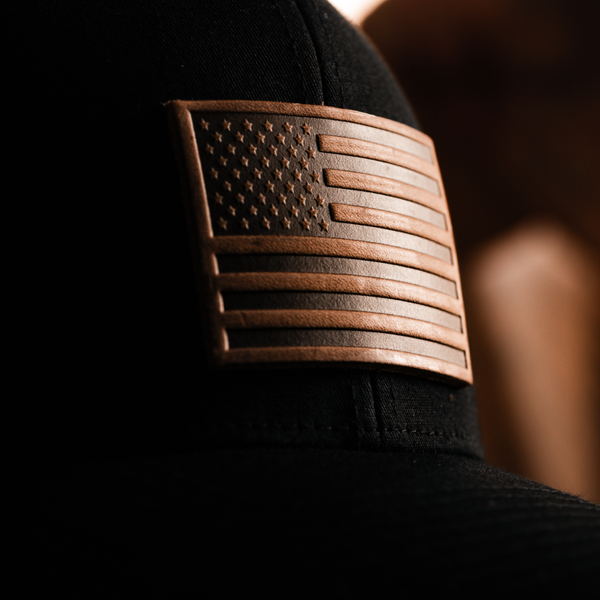 American Flag Hat - Leather Patch Trucker Snapback: Black