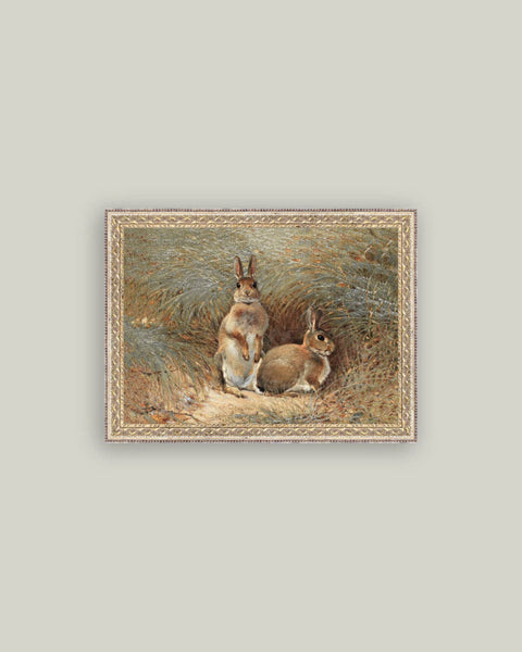 Bunnies Framed Antique Art: 7x5