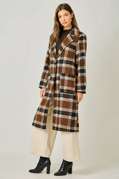 Plaid Long Coat: Mocha/Navy