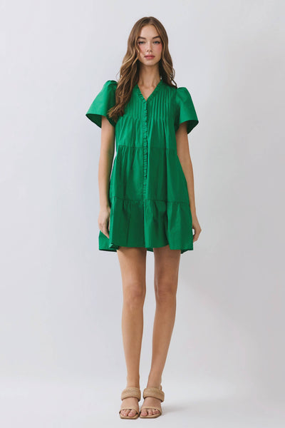 Front Button Down Pleated Detail Ruffle Mini Dress - Green