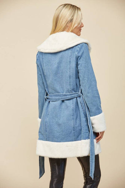 Soft Faux Fur Lined Denim Coat with Sash: Taupe
