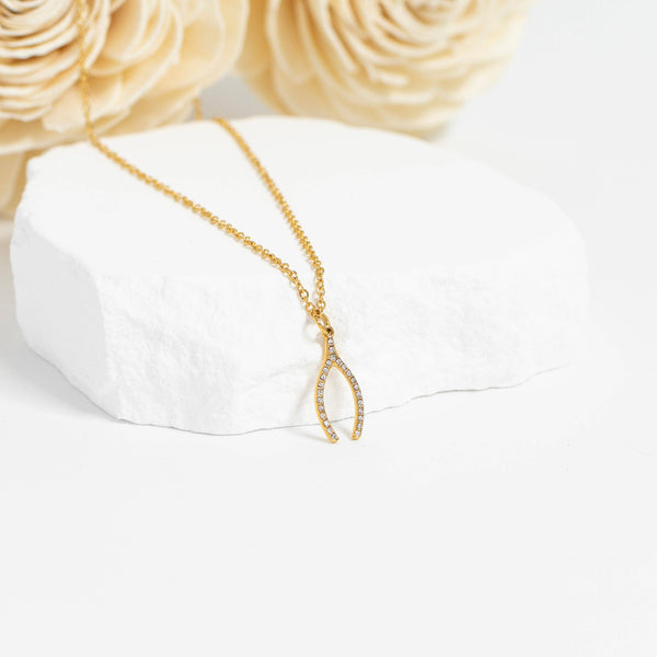 18K Gold PVD Stainless Steel Rhinestone Wishbone Charm: Gold