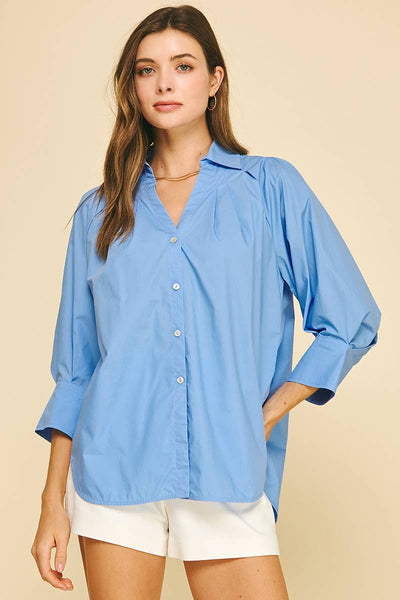 V-Neck Collar Wide Cuff Shirt - French Blue