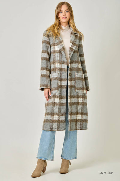 Plaid Long Coat: Mocha/Navy