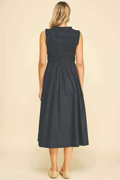 Front-Tie Smocking Midi Dress - Ink