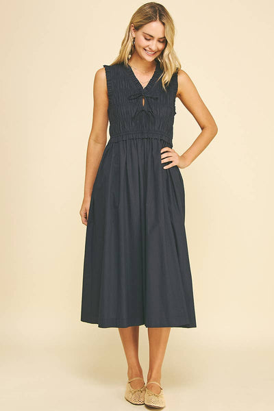 Front-Tie Smocking Midi Dress - Ink