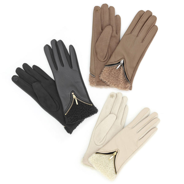 Zipper Detail Faux Leather Touchscreen Gloves: Black