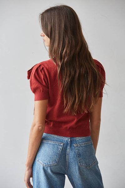 Knit Sweater Pullover With Shoulder Tie Bow Detail: Dusty Red