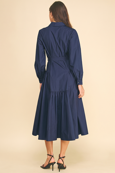 SOLID BUTTON DOWN TIERED MIDI DRESS - 7630D: INK / S