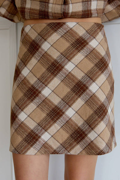 Plaid Bias Mini Skirt: Taupe