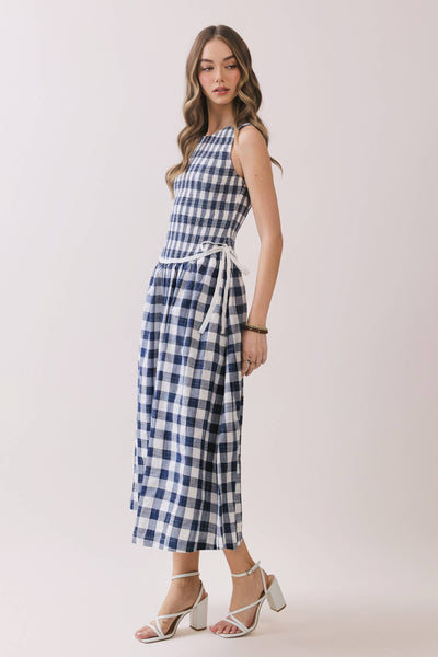 Gingham Sleeveless Midi Dress with Side Tie Detail - Navy