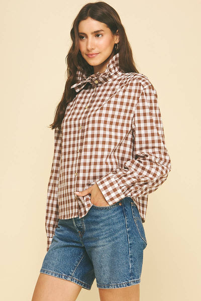 Ruffle Collar Button Down Long Sleeve Shirt - Gingham Check Brown