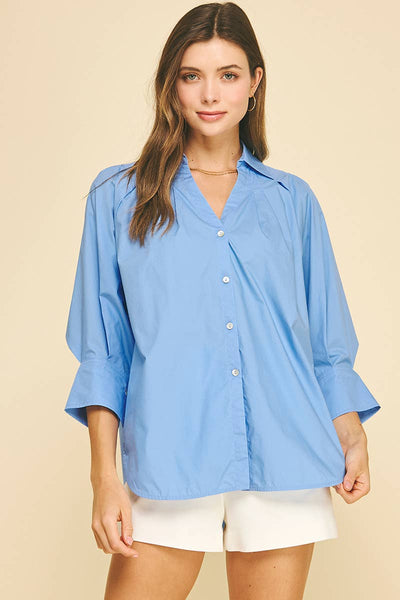 V-Neck Collar Wide Cuff Shirt - French Blue