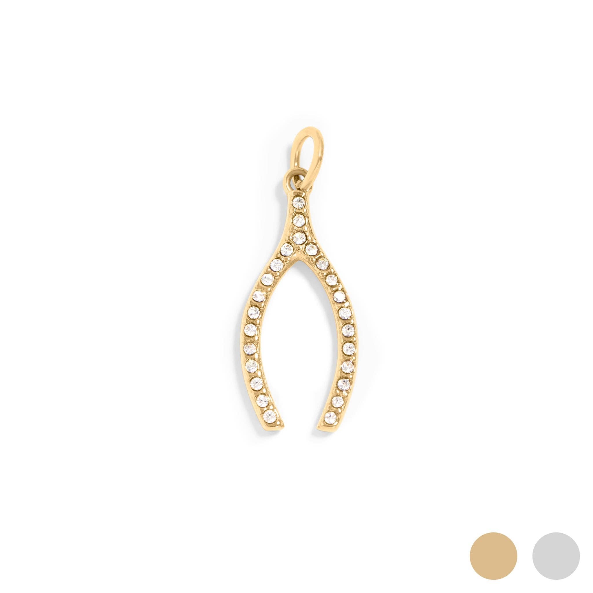 18K Gold PVD Stainless Steel Rhinestone Wishbone Charm: Gold
