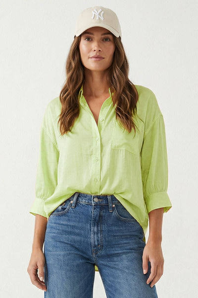 Oversized 3/4 Sleeve Button Up Blouse: Navy / L