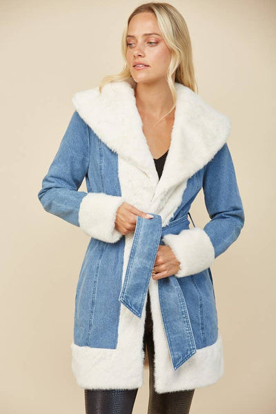 Soft Faux Fur Lined Denim Coat with Sash: Taupe