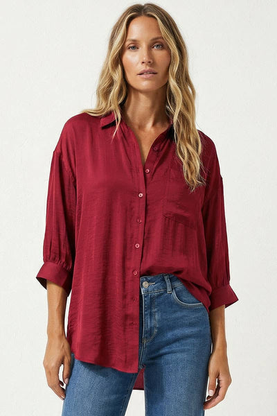 Oversized 3/4 Sleeve Button Up Blouse: Off White / M