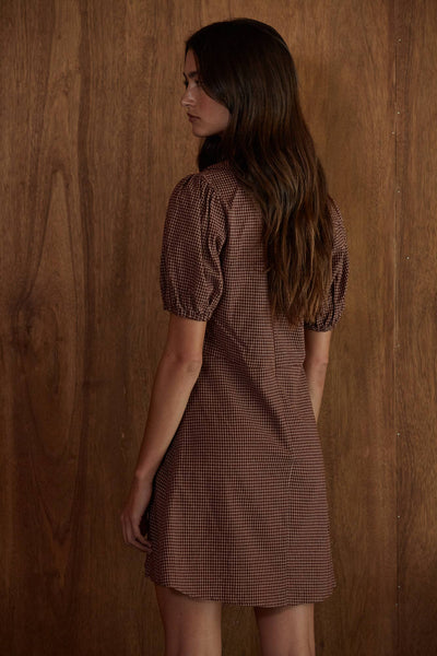 Woven Cotton Printed Collar Plunged V-Neck Mini: Brick Red