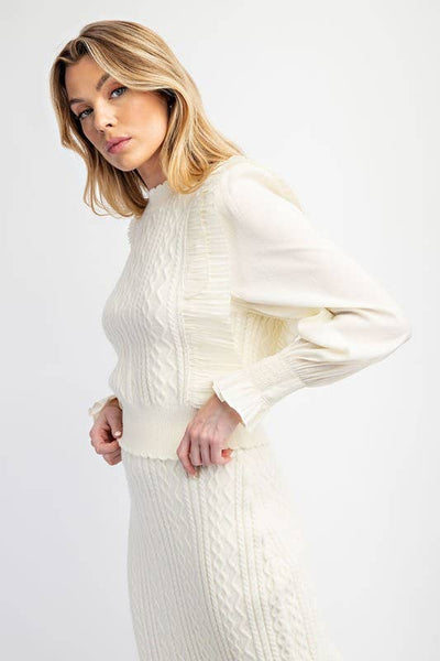 Cable Knit Sweater with Woven Sleeves: Brown