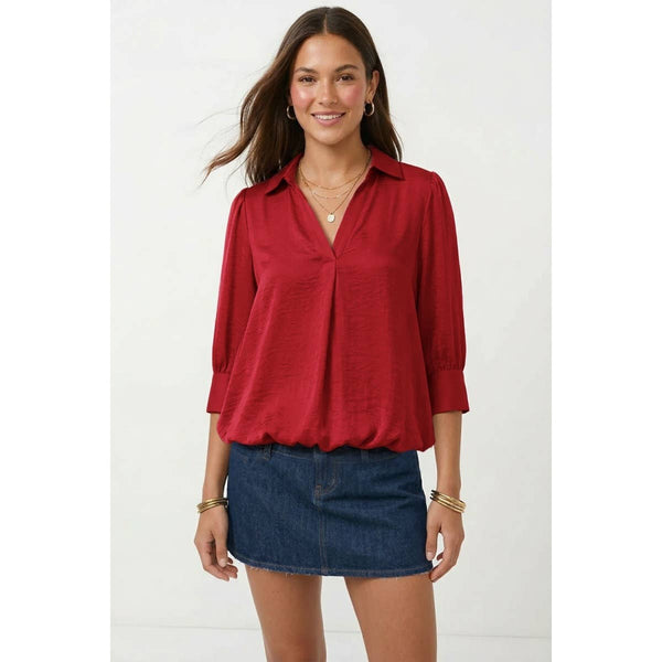 Half Sleeve Hi-lo Bubble Hem Blouse: Navy / S