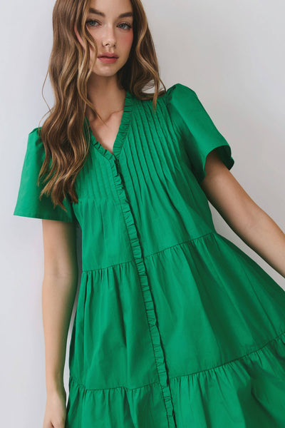 Front Button Down Pleated Detail Ruffle Mini Dress - Green