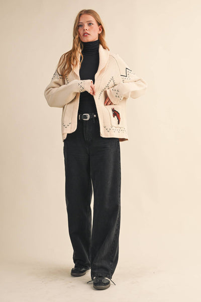 Horse Knit Sweater Cardigan: Beige Taupe