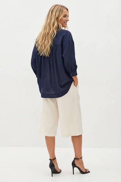 Oversized 3/4 Sleeve Button Up Blouse: Off White / L