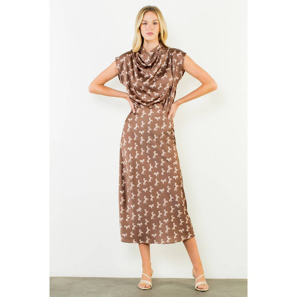 Satin Horse Print Skirt & Top Set: Brown