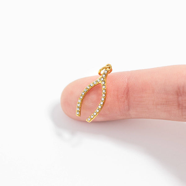 18K Gold PVD Stainless Steel Rhinestone Wishbone Charm: Gold