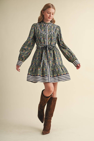 Floral Button Down Belted Mini Dress - Navy Garden