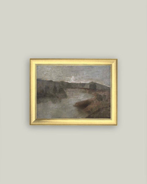 Hazy River Landscape Framed Antique Art: 11x9