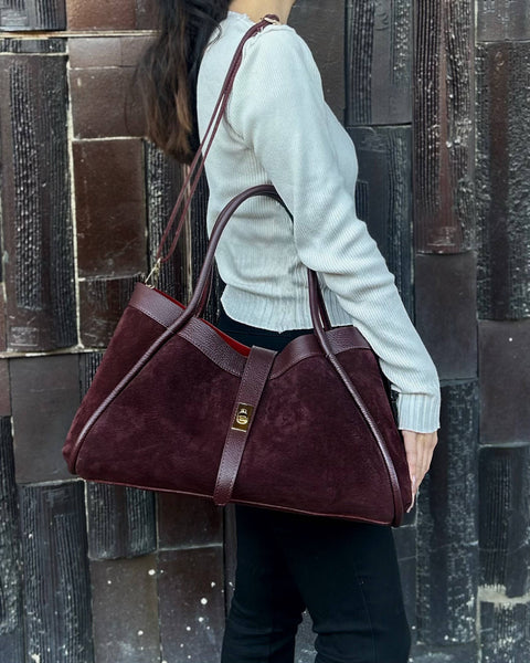Genuine Suede and Togo Leather Bag: Burgundy