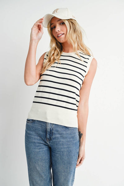 Striped Muscle Knit Tank Top - Black Stripe