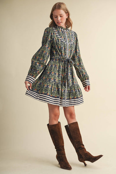 Floral Button Down Belted Mini Dress - Navy Garden