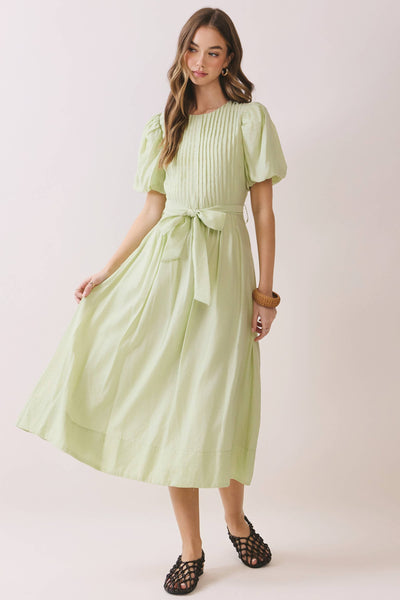 Pintuck Detail Puff Sleeve Tie-Waist Midi Dress - Mint
